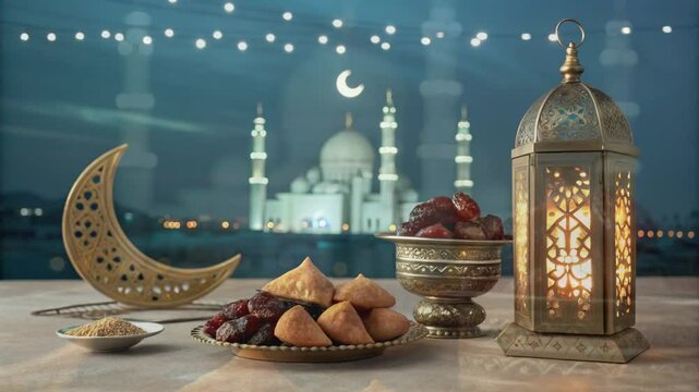 Ramadan Eid Mubarak festival with mosque date moon Islamic background.