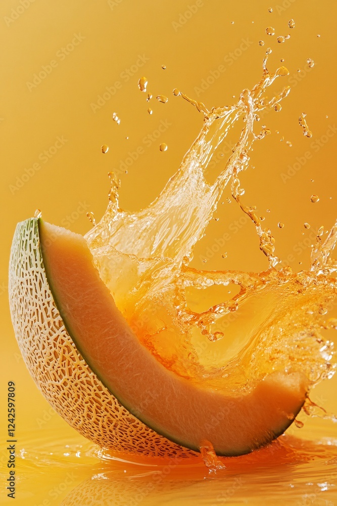 Aufkleber Fresh melon slice creating a burst of juice against an orange backdrop