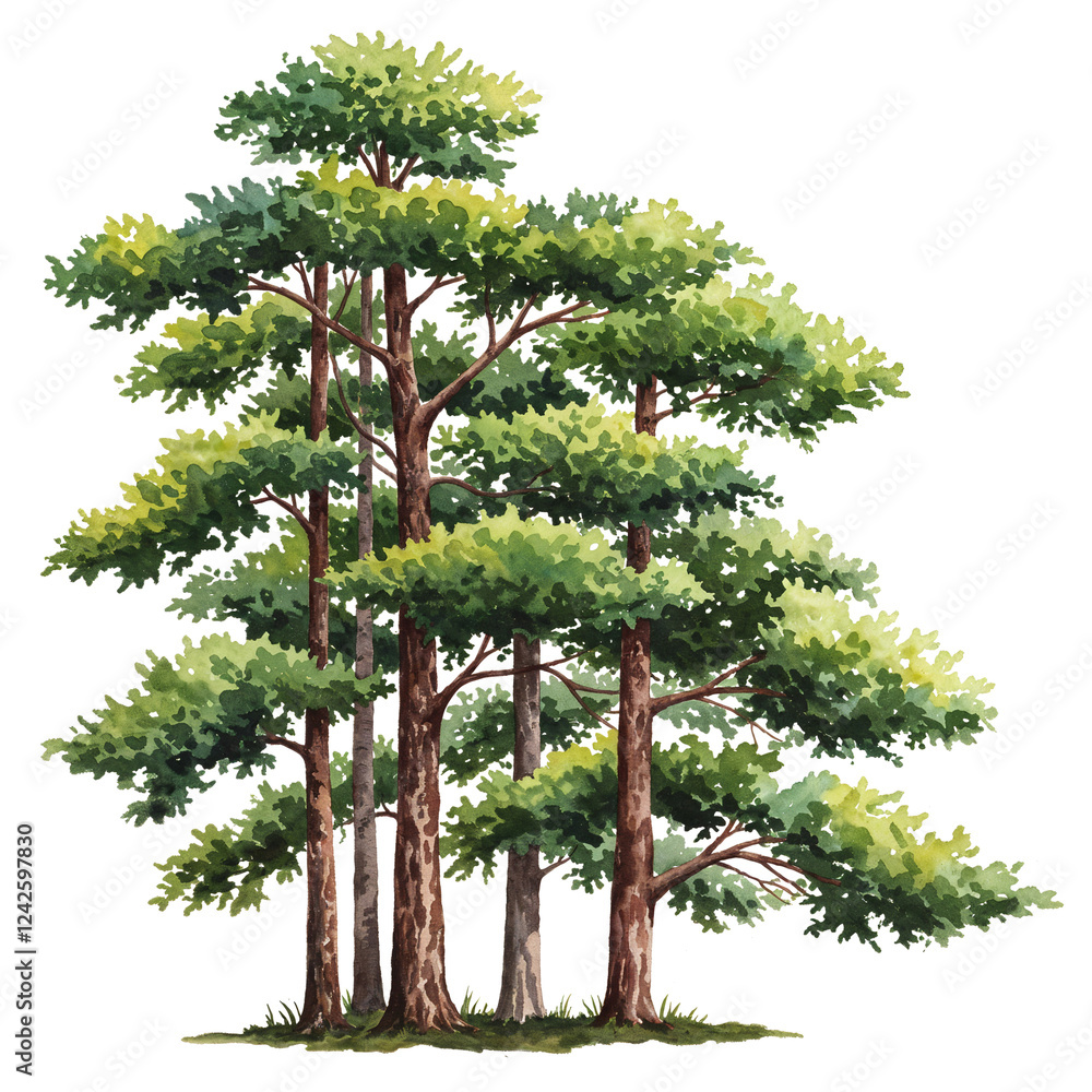 Poster watercolor tree or forest side view isolated on white background for landscape and architecture draw