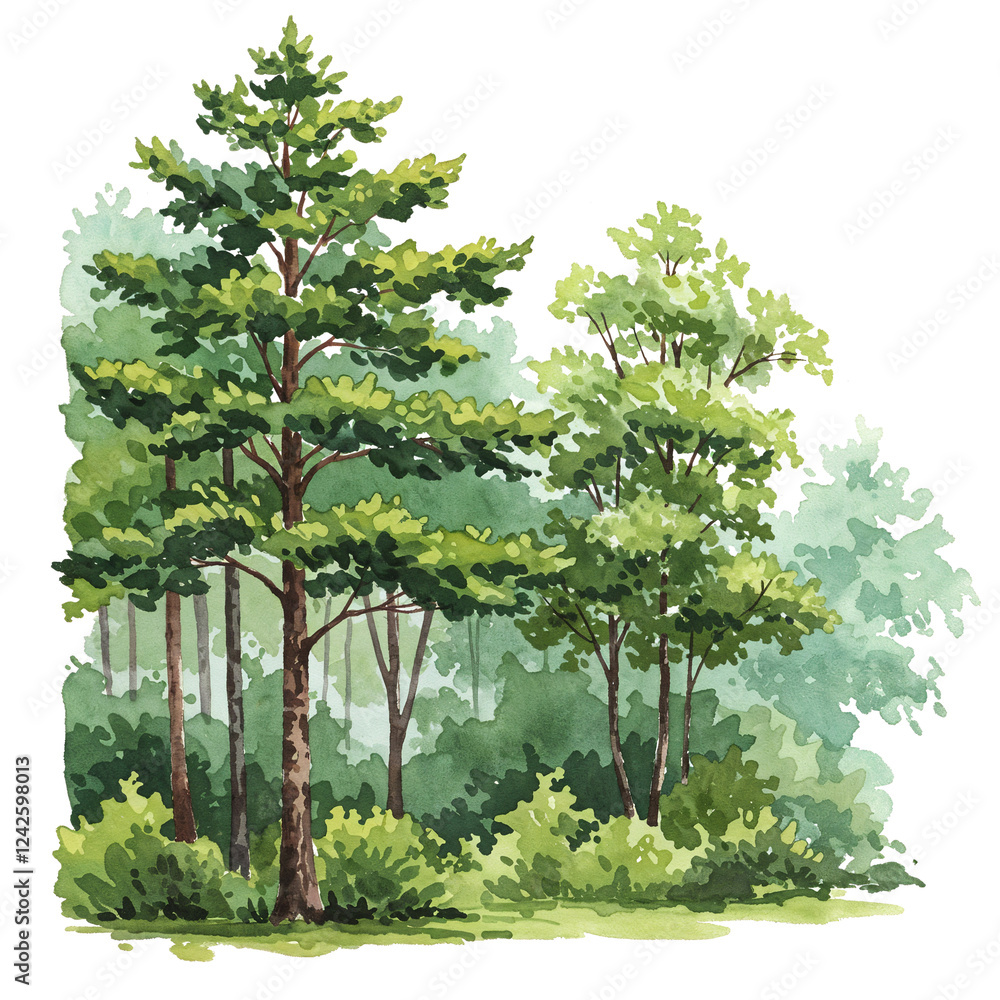 Poster watercolor tree or forest side view isolated on white background for landscape and architecture draw