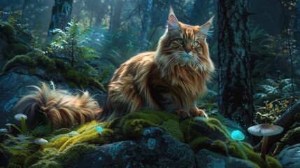 A majestic long-haired cat seated in a lush forest setting, surrounded by greenery and glowing mushrooms, exuding an enchanted atmosphere.