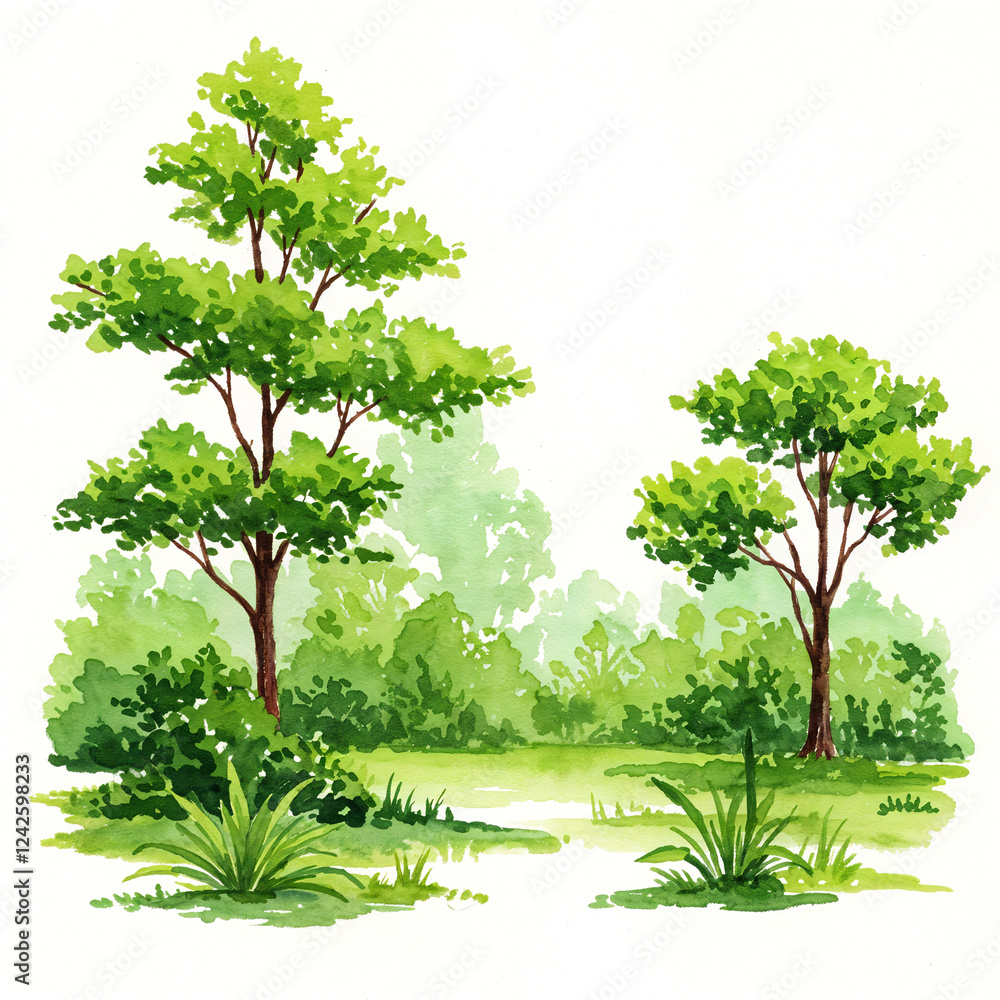 Aufkleber watercolor tree or forest side view isolated on white background for landscape and architecture draw