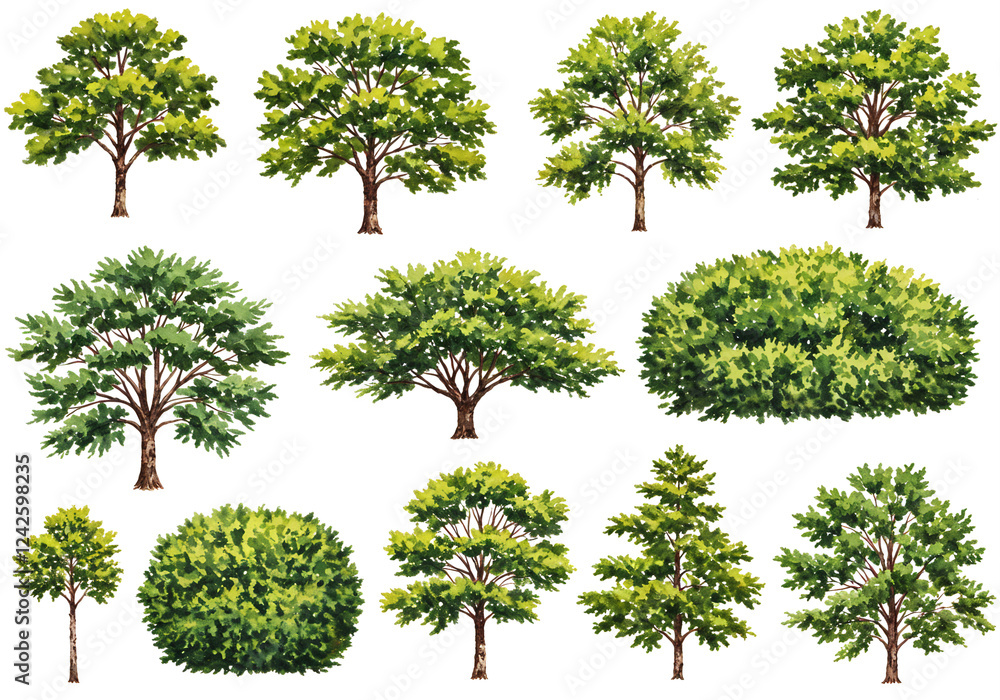 Poster set of watercolor tree or forest side view isolated on white background for landscape and architectu