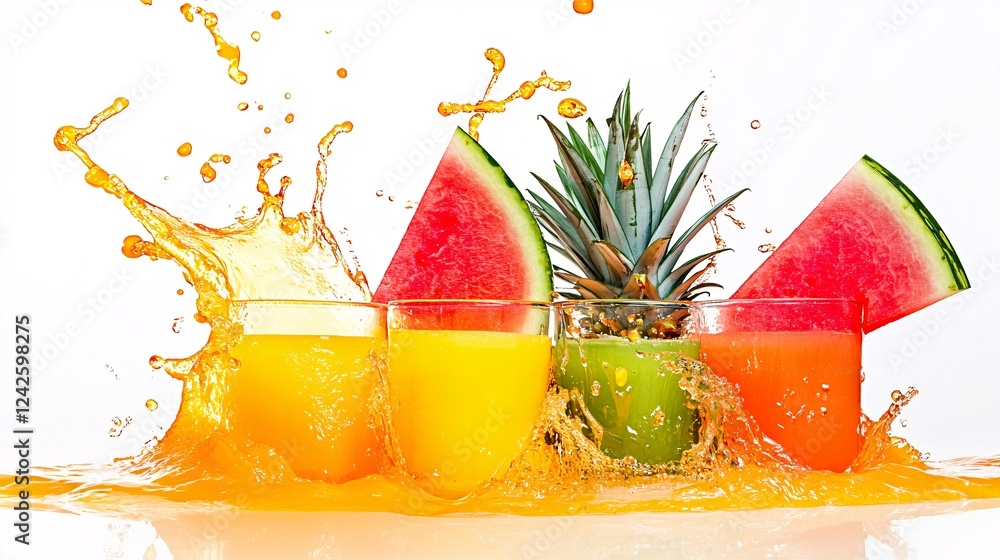 Poster pineapple and watermelon slices are surrounding glasses of splashing fruit juice on a white backgrou