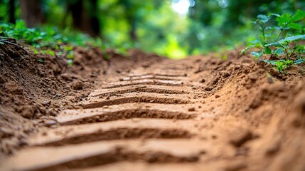 Tire Tracks in Lush Forest Dirt Road Nature Scene