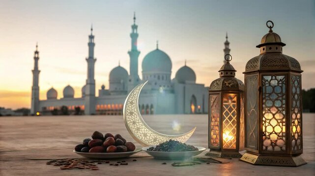 Ramadan Eid Mubarak festival with mosque date moon Islamic background.