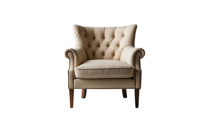 Fototapeta premium Elegant beige tufted armchair with classic wooden legs on transparent background, luxury furniture for home decor, interior design, and living room styling 