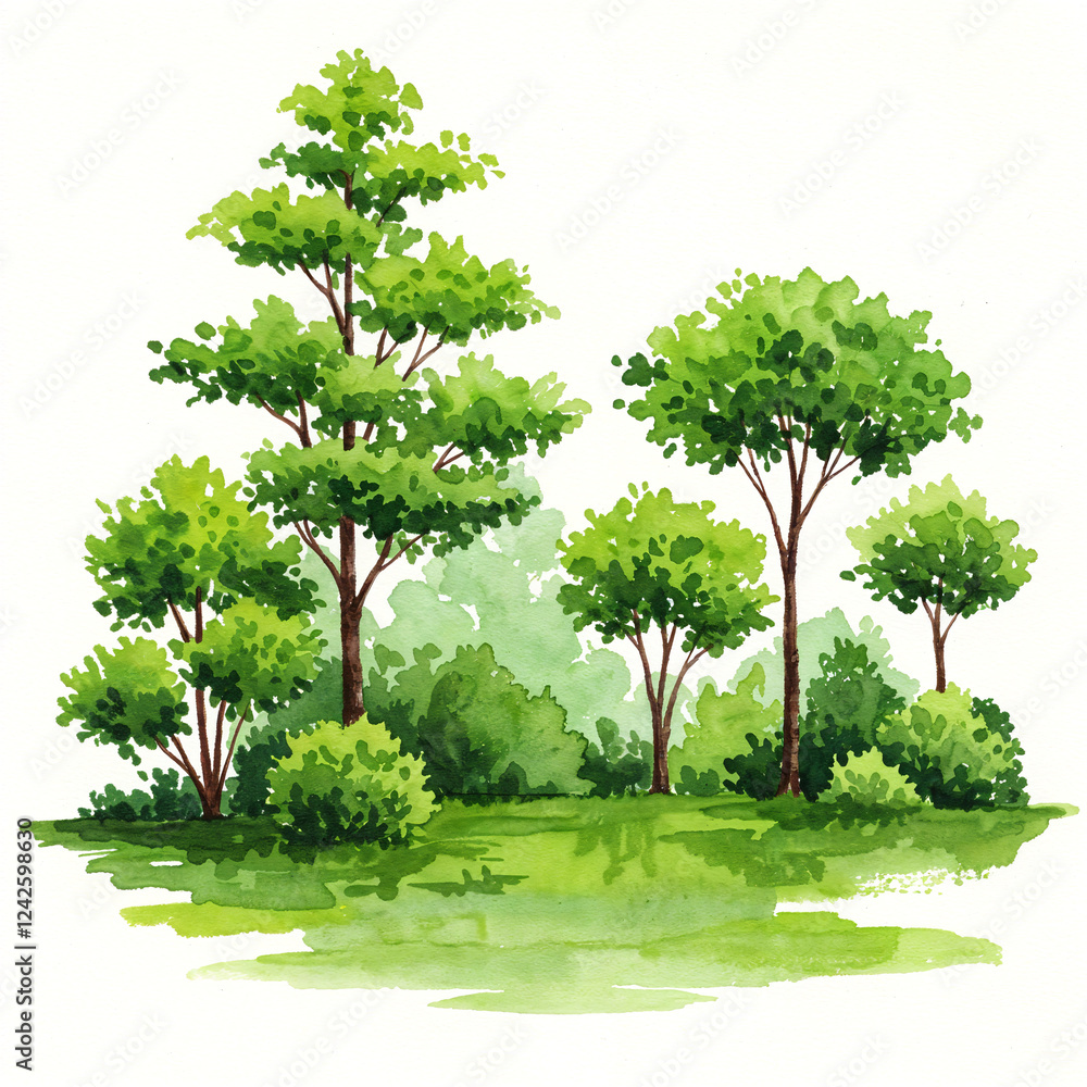 Poster watercolor tree or forest side view isolated on white background for landscape and architecture draw