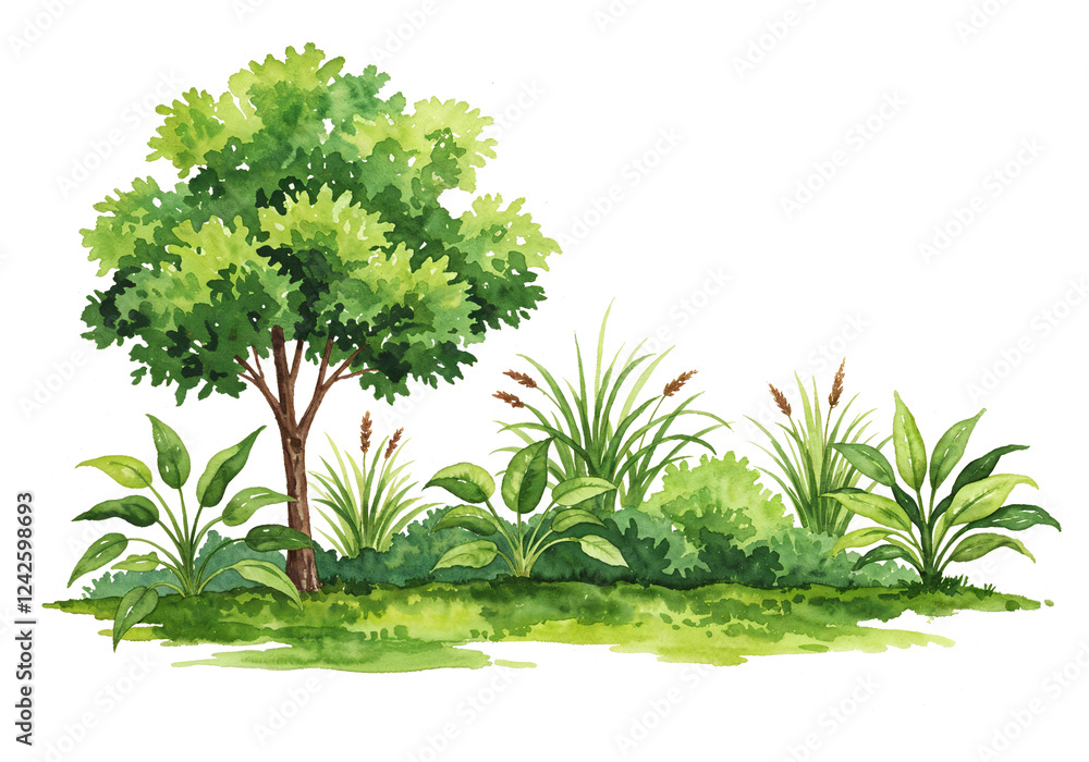 Poster watercolor tree or forest side view isolated on white background for landscape and architecture draw