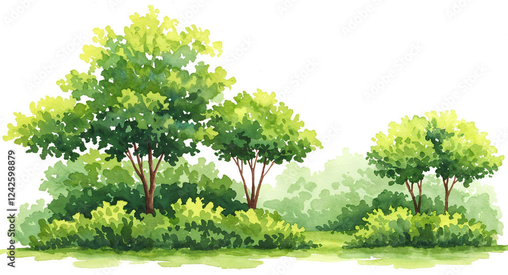Aufkleber watercolor tree or forest side view isolated on white background for landscape and architecture draw