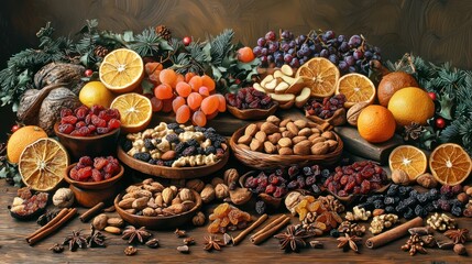Festive Arrangement Of Dried Fruits Nuts And Spices