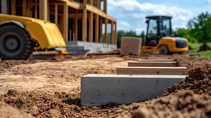 Fototapeta premium New Home Construction Site Sunny Day Concrete Blocks Foundation