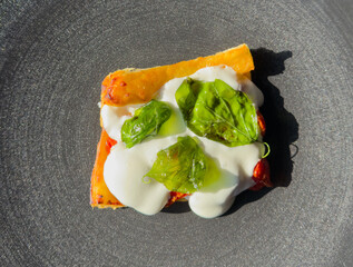 Quiche or savory pie with tomato, mozzarella and basil. Delicious food. Light and dietetic food