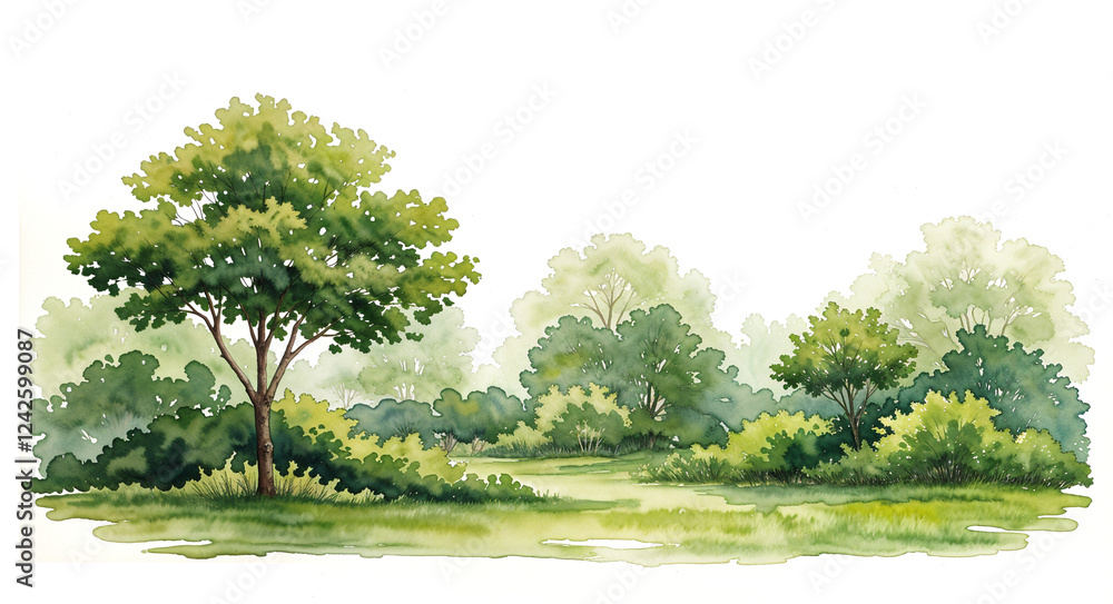 Poster watercolor tree or forest side view isolated on white background for landscape and architecture draw