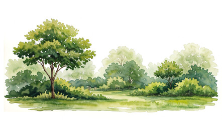 Obraz premium Watercolor Tree or Forest Side View Isolated on White Background for Landscape and Architecture Drawing . Generative AI