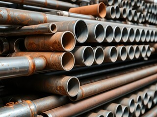 Wide shot of a stack of metal pipes with different orientations and angles, storage facility, warehouse ambiance, metal pipe stacks