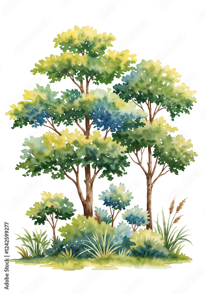 Aufkleber watercolor tree or forest side view isolated on white background for landscape and architecture draw