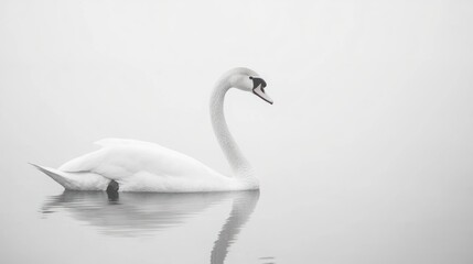 Obraz premium Serene swan floats misty lake, calm reflection, peaceful nature scene, website banner