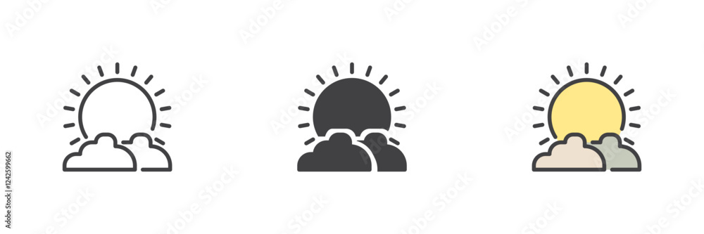 Poster sun and clouds different style icon set