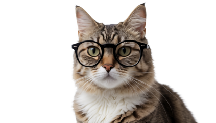 Cute tabby cat wearing stylish glasses on transparent background, funny pet portrait for creative designs, branding, and social media content
