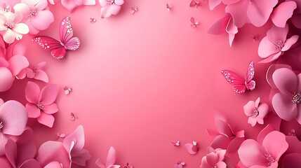 Fototapeta premium Pink flowers, butterflies, background, spring, greeting card