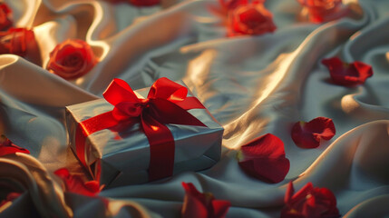 a small gift wrapped in silver paper with a red ribbon and flower petals 