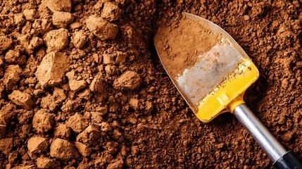 Rich Brown Soil Texture with Yellow Shovel Gardening Agriculture Background