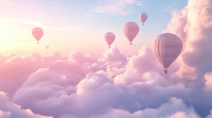 Obraz premium Hot air balloons soar above pastel sunset cloudscape; travel, freedom concept