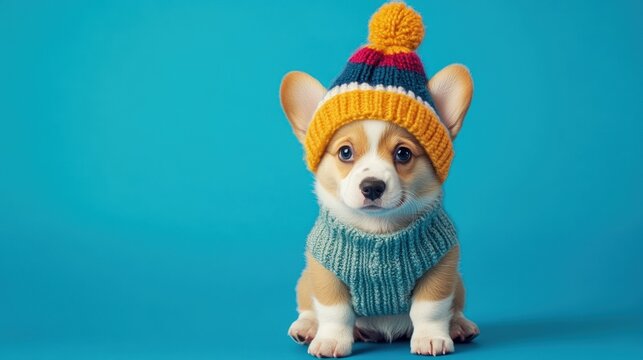 Cute puppy winter hat sweater studio blue background