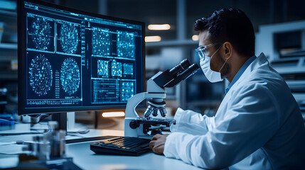 Scientist in Lab Analyzing Data with Microscope and Computer Screen