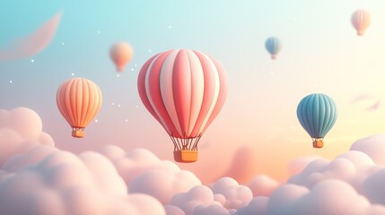 Naklejka premium Pastel hot air balloons soaring above fluffy clouds at sunrise; dreamy travel concept