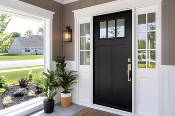 Modern Farmhouse Entryway Black Door White Trim Greenery
