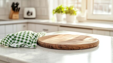 Sunny kitchen countertop, wooden board, checkered cloth, cooking prep