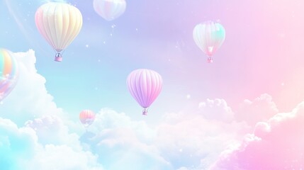 Fototapeta premium Pastel hot air balloons float in dreamy sky, whimsical clouds; website banner