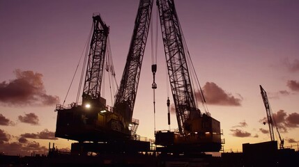 Obraz premium Harbor Cranes Sunset Silhouette Lifting Cargo Port Industry