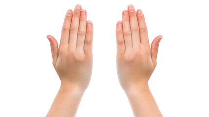Obraz premium Close up view of two hands raised, light skin tone, with visible freckles and small bumps, against a completely black background, neutral lighting, simple composition, symmetrical image.