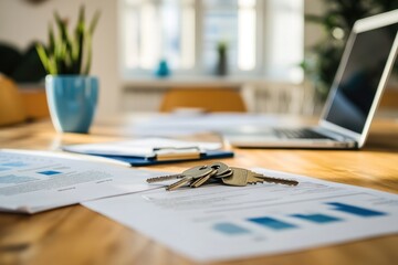 Keys on real estate documents, laptop, home office