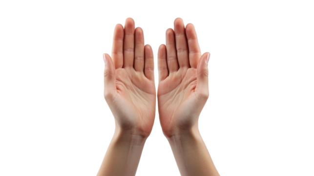 Two hands cupped together, covered in a white substance, against a black background. Hands are light skinned.