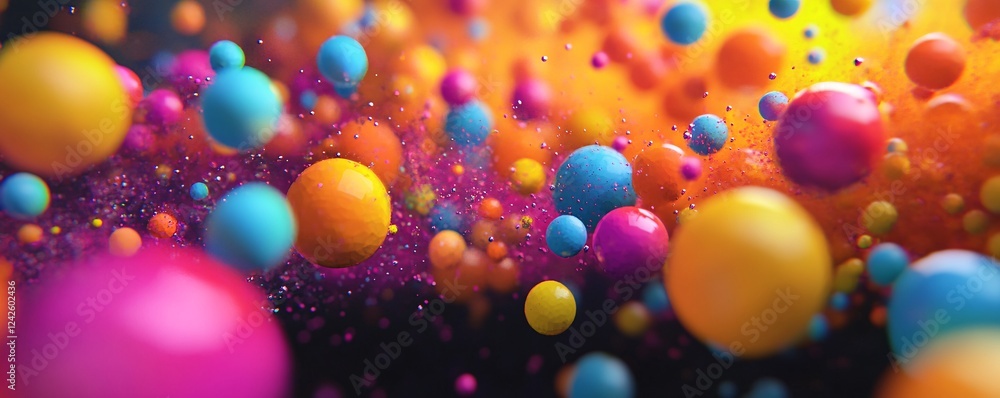 Poster vibrant explosion of colorful spheres in an abstract background with particles