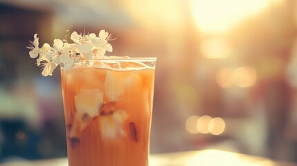 Iced tea, blossom garnish, outdoor cafe, sunset bokeh