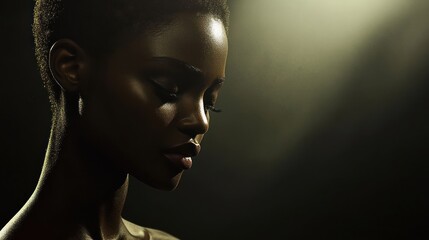 Serene Black Woman, Studio Portrait, Dramatic Lighting, Calm