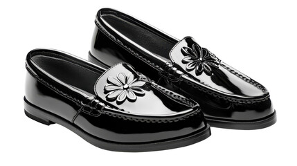 Pair of black patent leather loafers, featuring decorative flower accents. Simple design, studio shot.