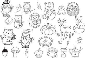 Autumn line art fall with gnome wildanimal pumpkin doodle outline elements, hand drawn leaf flower isolated.vector illustration