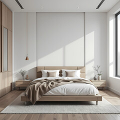 Modern minimalist bedroom interior design with wooden bed and neutral on transparent background home
