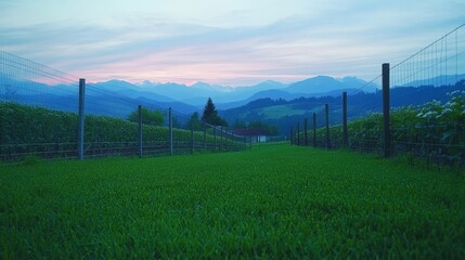 Obraz premium Serene Sunset Over Green Field and Distant Mountains