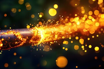 Fiery Sparks Trail from Metal Rod Glowing Brightly Against Dark Background