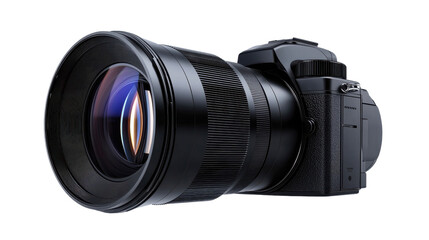 Fototapeta premium Closeup of a modern camera lens, black, with intricate patterned details, vibrant glowing highlights within the lens, against a solid black background.