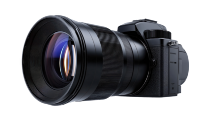 Closeup of a modern camera lens, black, with intricate patterned details, vibrant glowing highlights within the lens, against a solid black background.