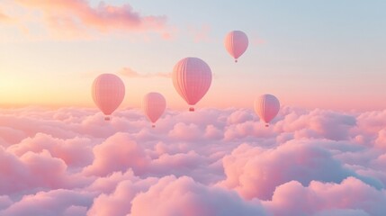 Obraz premium Pink hot air balloons soar above a dreamy sunset cloud landscape; idyllic travel poster