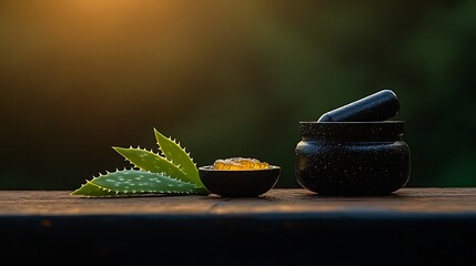 Aloe vera and honey in natural setting with mortar and pestle, showcasing herbal remedies